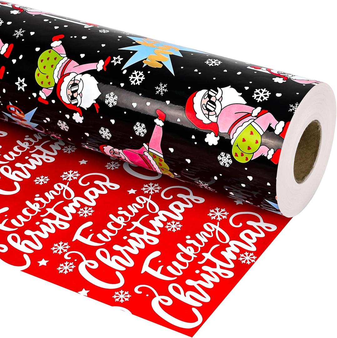 Dlyrroba Reversible Christmas Wrapping Paper Roll - Metallic Foil Gift Wrap with Xmas Design for Holiday Winter (Funny Christmas - Black, 17 In X 100 Feet)