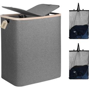 DOKEHOM 160L Double Laundry Basket with Removable Lid and Laundry Bags, Large Collapsible Laundry Hamper with 2 Sections (Dark Grey)