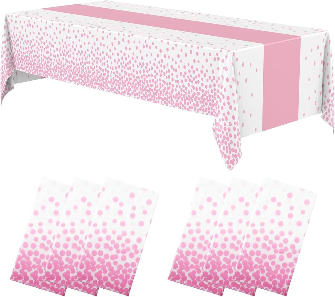 Oudain 6 Pcs White and Pink Tablecloth for Parties Plastic Dot Printed Tablecloths Waterproof Table Runner Disposable Rectangle Table Cover for Birthday Wedding Graduation Party, 54" x 108"