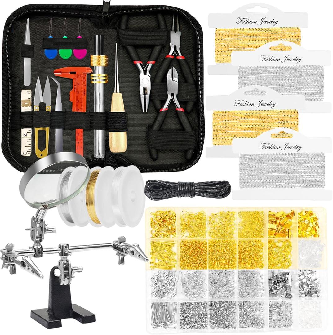 MONVICT Jewelry Making Supplies Kit with Jewelry Making Tools, Findings, Necklace Chain, Jewelry Wires, Adjustable Magnifier, Carry Bag, Meet All The Needs of Jewelry Making, Repair, Beading
