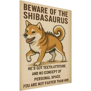 Vintage Dinosaur Shiba Inu Tin Sign, Fun Wall Art for Indoor and Outdoor Decor - Beware of Animals Decorative Metal Poster 12x8 Inch (Multicolor-9214)