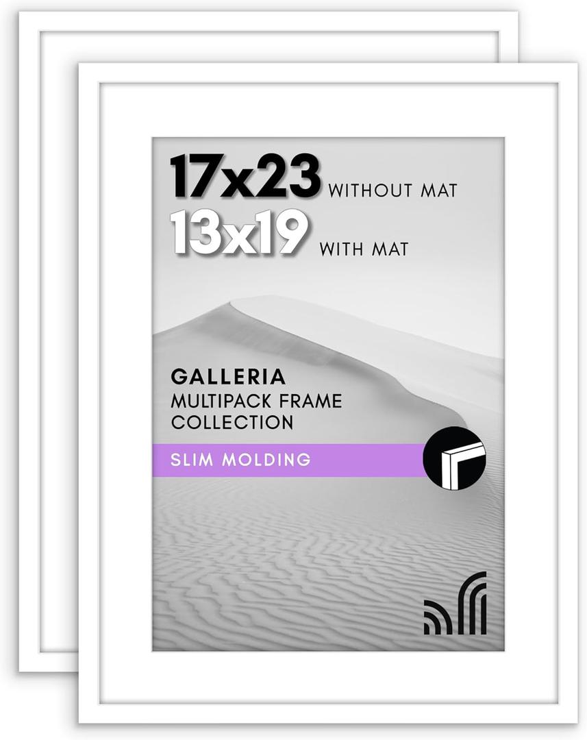 Americanflat 17x23 Picture Frame with Polished Plexiglass - Set of 2 - Use as 13x19 Frame with Mat or Display 17x23 Photo Without Mat - Galleria Collection - Picture Frames for Wall Display - White