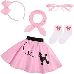 50s Costumes for Girls 1950s Pink Poodle Skirt Set with Eye Glasses Scarf Headband Socks for Kids Halloween Costume