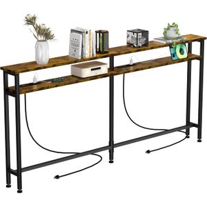 Keelian 70 Inch Double-Layer Narrow Console Sofa Table with 2 Power Outlets&4 AC Plugs&4 USB Ports, 4.9' Extension Cord Included, Behind Couch Table for Living Room/office Easy Assembly - Rustic Brown