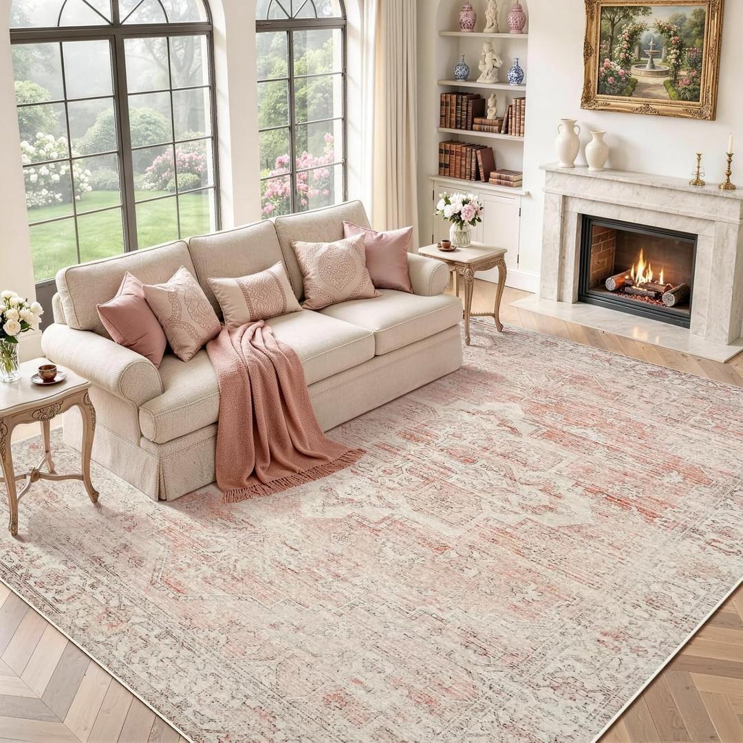 Pink Rug 8x10 for Living Room - Machine Washable Vintage Stain Resistant Large Area Rug for Girls Bedroom Dinning Room - Soft Faux Wool Non Slip Low Pile Carpet for Kids Nursery Room Home Office Décor