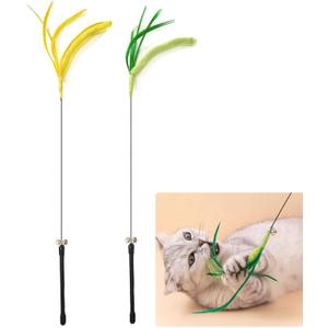 IUHKBH Cat Wands, 2 PCS Steel Wire Feather Wands Long Pole Cat Teaser Wand with Bell Interactive Kitten Toys