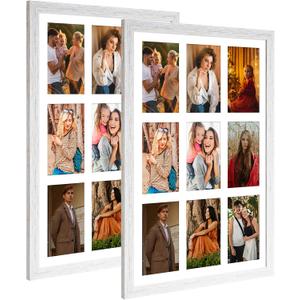 13.5x19.5 Collage Frame with 9 Openings 4X6 Pictures, Multiple Picture Frame with Mat, Wall or Tabletop Decor, White Wood Grain,2 Pack