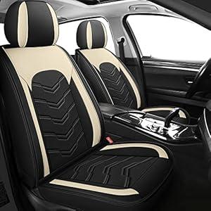 AOOG Leather Car Seat Covers 5 PCS Full Set, Breathable Faux Leatherette Automotive Seat Covers, Non-Slip Interior Covers Waterproof for Most Sedans SUV Trucks, Airbag Compatible, Beige&Black