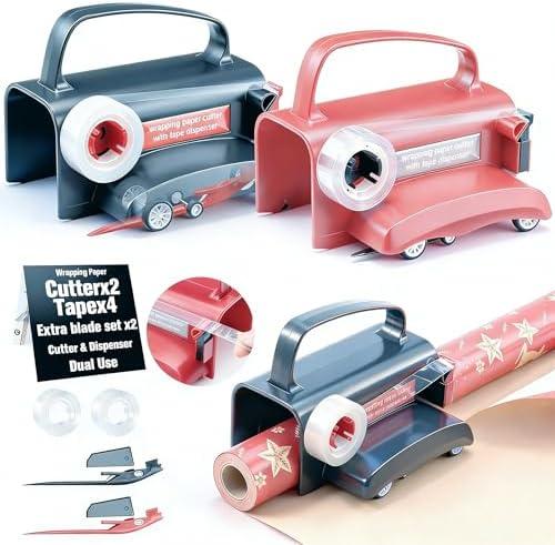 2 Pack Wheel Wrapping Paper Cutter Slider with Tape Dispenser, Gift Wrap Cutting Tool with 4 Tapes & 2 Replace Blades Kit for Christmas Gifts Wrapping