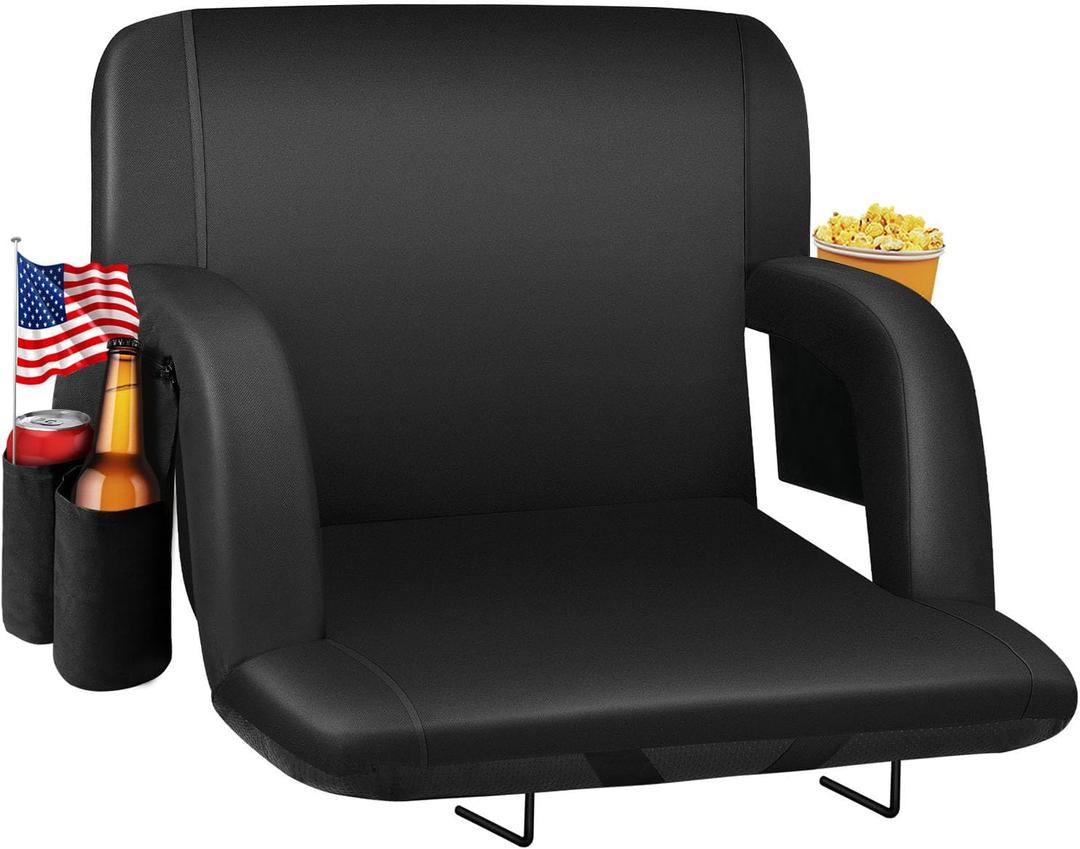 HOPERAN Stadium Seats for Bleachers with Back Support, Half-fold Portable Bleacher Chairs with Back and Cushion, 600D Waterproof Reclining Extra Wide Bleacher Seat for Outdoor Sports (23", Black 1pc)