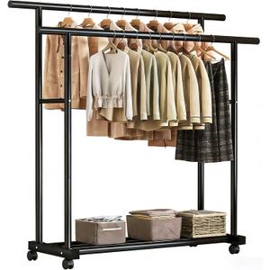 Heavy Duty Double Rod Clothing Rack with Wheels, 39in Wide Metal Garment Rack for Hanging Clothes, Freestanding Closet Organizer with Bottom Shelf for Shoes and Boxes, Ideal for Bedroom, Laundry Room