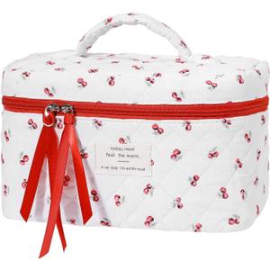 senbowe Large Quilted Makeup Bag, Cotton Floral Cosmetic Bag for Women, Cute Coquette Aesthetic Makeup Bag Toiletry Bag, Travel Make Up Organizer Bag with Zipper and Ribbon (Red Cherry)