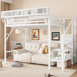 KEIKI Twin Size Metal Loft Bed Frame with Convertible Staircase, Built-in Storage Shelves & Wardrobe, Loft Bed with Solid Slats & Guardrail, No Box Spring Required, Easy Assembly, for Bedroom, White
