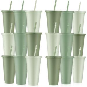 Skylety 24 Pcs Sage Green Plastic Cups with Lids and Straws 24 oz Reusable Tumbler Large Travel Mug Cup Coffee Beverage Drinks Party Supplies for Wedding Bridal Baby Shower Birthday