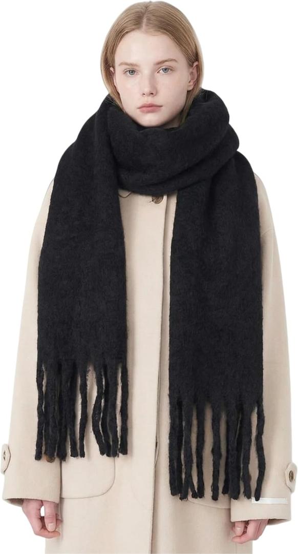 Chunky Scarf for Women Winter Oversized Thick Warm Tassel Scarves Cold Weather Large Blanket Soft Warm Shawl Wraps (Black)