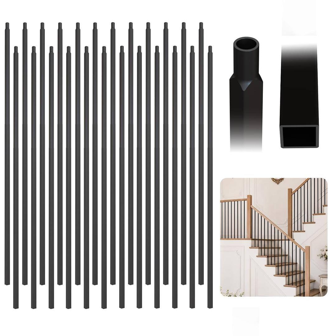 32 Pcs Wrought Iron Balusters for Staircase, 1/2" x 44" Inch Square Metal Stair Balusters for Interior Railing Remodel, Modern Black Straight Hollow Iron Baluster for Handrail Railing System