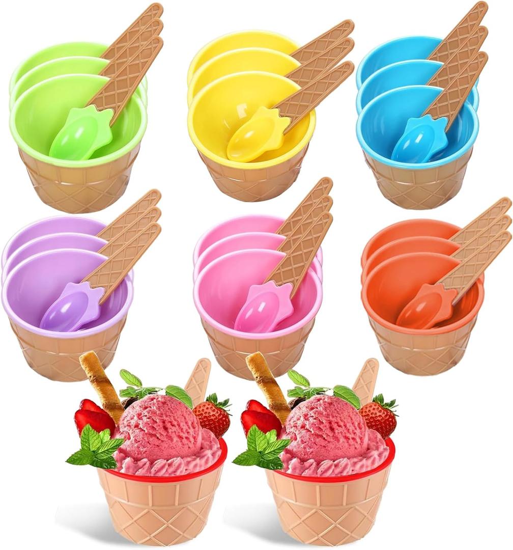 RICHSC-PAN 20 Pack Ice Cream Bowls, Cartoon Candy Color Ice Sundae Cups with Spoon. Multi-Color Reusable, Perfect for Summer Ice Cream Events and Gift Bags for Kids.