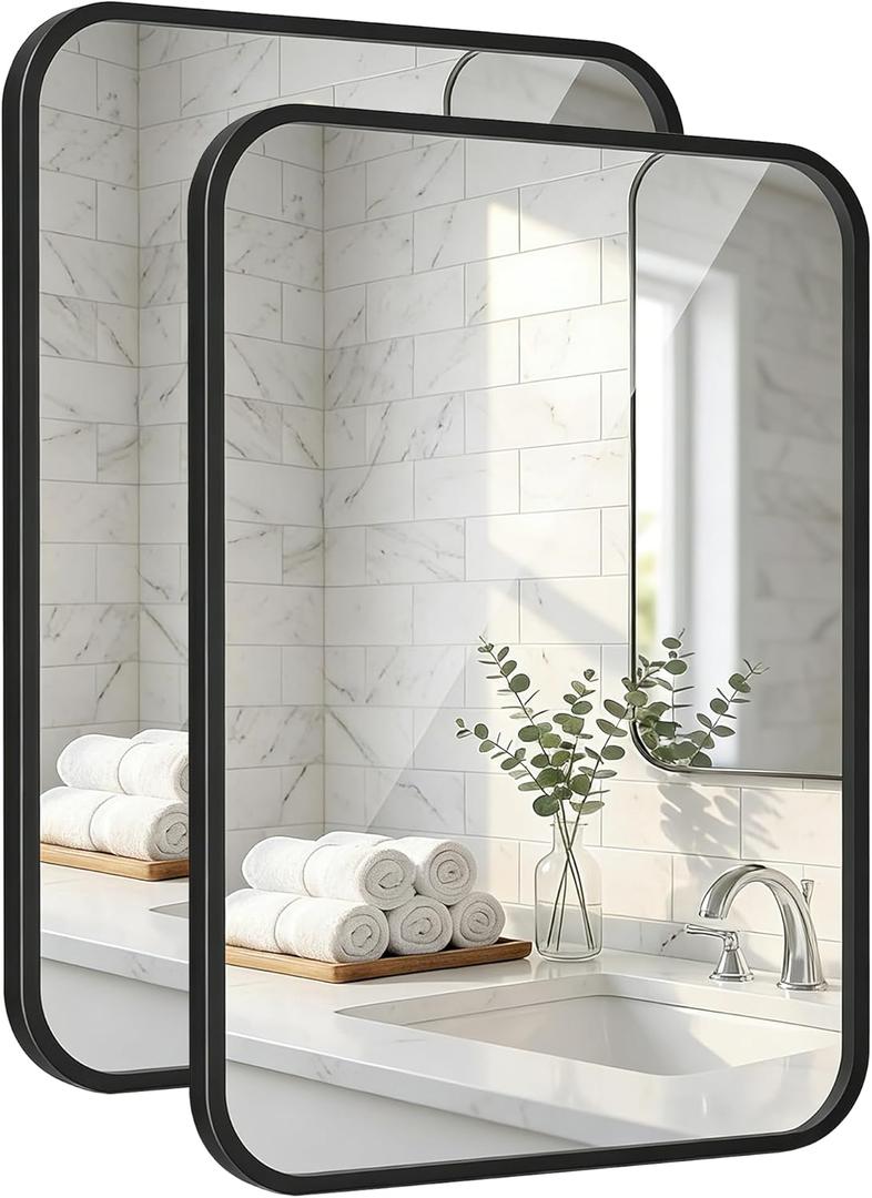 Black Bathroom Mirrors for Over Sink, Set of 2, 24x36 Inch Rectangular Wall Mounted Vanity Mirrors with Matte Black Iron Frame, Moisture-Resistant Backing, Modern Farmhouse Style