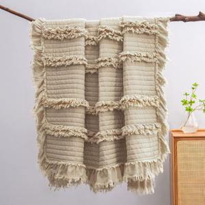 Ultra Soft Pre-Washed Quilted Boho Beige Twin Size Blankets for Bed, Ruffle Fringed Decorative Throw, Stone Washed Chic Rustic Blanket for Sofa Couch Bed, 60"*80"