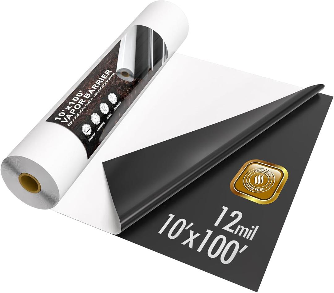 10' x 100' Crawl Space Vapor Barrier, 12 Mil Plastic Sheeting, Drop Cloth Covering for Crawl Space Encapsulation, Basement, Heavy Duty Polyethylene Black/White Panda Film (12mil 10'x100')