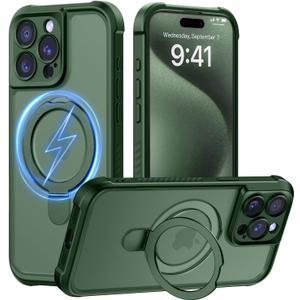 MOCCA Design for iPhone 15 Pro Case with Magnetic Invisible Stand [Full Camera Protection] [Compatible with Magsafe] Military Drop Shockproof Translucent Matte Phone Case Cover 6.1",Dark Green