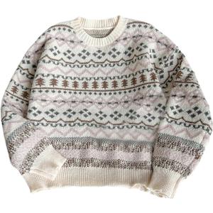 Floerns Women's Vintage Long Sleeve Sweaters Crewneck Retro Halloween Fall Outfit Pullover Tops (Beige, M)
