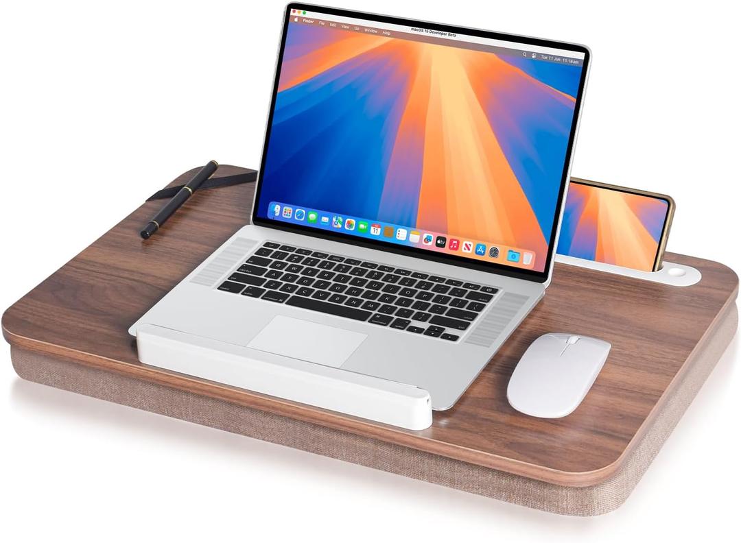 Lap Desk, Lap Desk with Cushion, Fits up to 17 inch Laptop, Premium Portable Laptop Stand Desk with Tray, Pad & Phone Holder, Home Office for Bed/Couch/Car/Reading/Writing (Medium 21*13 in, Walnut)