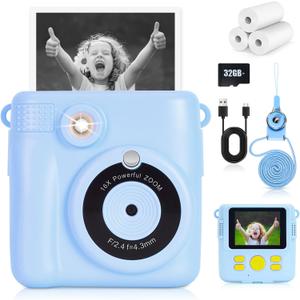Hikkon Instant Print Camera for Kids - 2.4 Inch Kids Camera Instant Print with Paper & 32G Card- Digital Children Toys as Christams Birthday Gifts for Girls Boys Age 3-12 - Blue