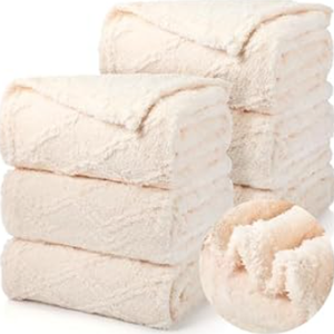 Buryeah 6 Pcs Sherpa Fleece Throw Blanket Bulk 50 x 60” Soft Cozy Jacquard Throw Blanket Warm Fleece Blanket Portable Lightweight Fuzzy Blanket for Wedding Sofa Bed Couch All Season (Lvory)
