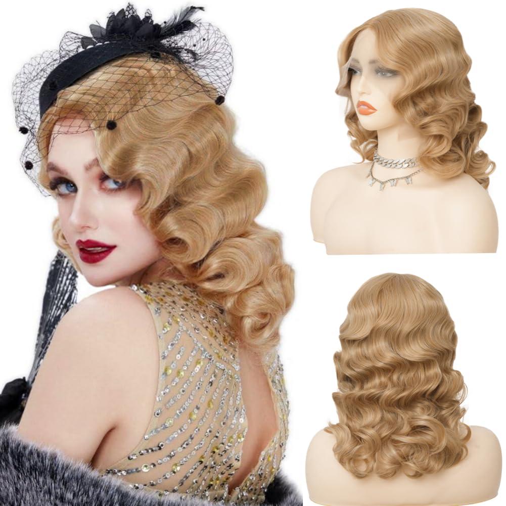 Blonde 1920s Finger Wave Lace Front Wig Curly Wig Vintage Wigs for Women SyntheticHair Halloween Cosplay Party Costume Wigs