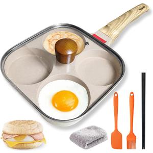 4Cup Nonstick Egg Pan Set with Lid Aluminum Omelette Skillet for Breakfast, Includes Silicone Scraper, Oil Brush, Chopsticks & Cleaning Cloth Compatible with Gas & Induction Cooktops (White)