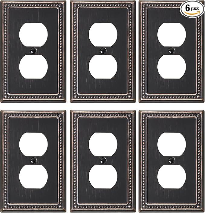 TREEWELL 6Pack Duplex Outlet Cover Plate, Antique Copper Metal Wall Plates for Electrical Outlets, 1 Gang Receptacle Cover, Pearls Decorative Switch Plates and Outlet Covers