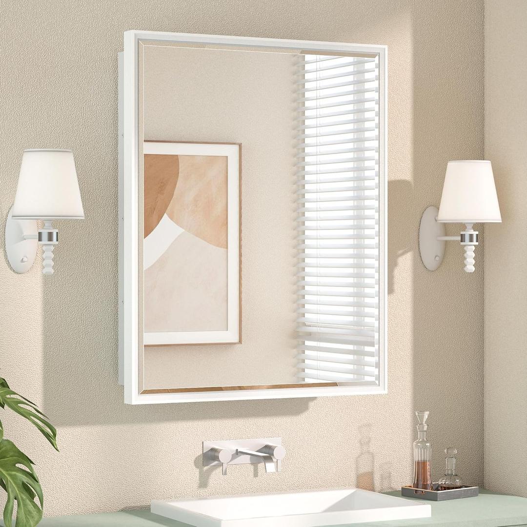 Keonjinn 24 x 30 White Bathroom Medicine Cabinets with Mirror Recessed or Surface Wall-Mounted Aluminum Alloy Metal Framed Beveled Bathroom Mirror, Large Single Door Farmhouse Storage Cabinet Mirror