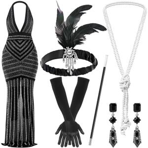 6 Pcs 1920s Elegant Rhinestone Mesh See Through Bodycon Dress with 20s Flapper Accessories Set (Black, M)