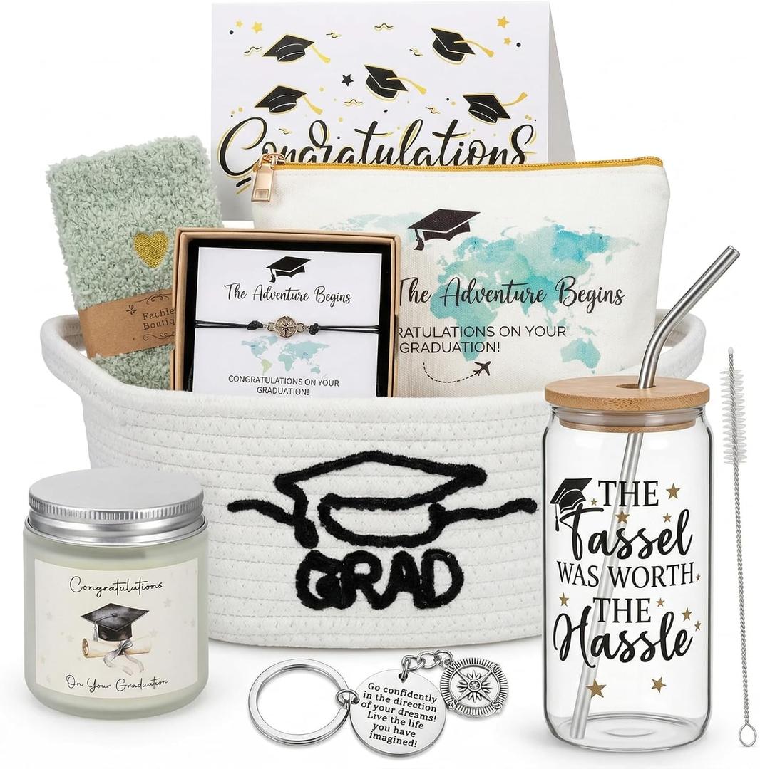 Zopeal 2026 Graduation Gift Basket Set for Her, Personalized Grad Gifts with Candle, Mug, Wine Glass, Jewelry, Socks & Banner, College High School Nursing Master Phd Graduation Gifts(White)