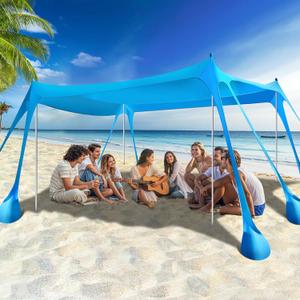 Rhino Valley Beach Tent Shade Canopy UPF50+ Protection, 8 Sandbags, 4 Stability Poles, Outdoor Sun Shelter Umbrella for Sand, Camping, Fishing Essentials (10*13 FT, 13 Ft Blue)