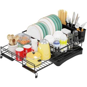 Expandable Dish Drying Rack - Large Drainboard with 4 Slots, Knife & Fork Holders, Cup Organizer, Rotating Swivel Spout, Durable Coated Steel, Black (Large)