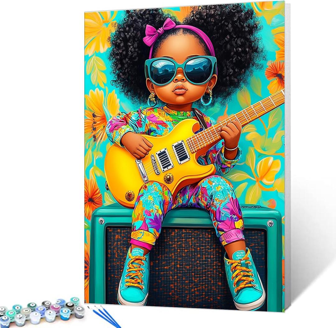 Tucocoo Electric Guitar Little Girl Paint by Numbers Kits 16x20 inch Canvas DIY Oil Painting for Adults with Brushes and Acrylic Pigment Black Girl Music Art Picture for Home Decor (Without Frame)