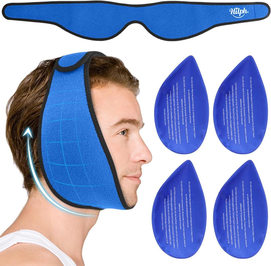 Hilph Face Ice Pack Wrap for Wisdom Teeth & TMJ, FAS or HSA Larger Jaw Ice Pack Head Wrap for Oral Surgery Pain Relief, with 4 Hot Cold Packs for Tooth Extraction & Teeth Removed, Tonsillectomy Blue