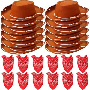 24 Pieces Cowboy Hats and Bandanas for Kids Western Cowboy Costume Hat Accessories for Toddler Child Western Theme Birthday Party Supplies Halloween Costume Dress(Brown, Red)