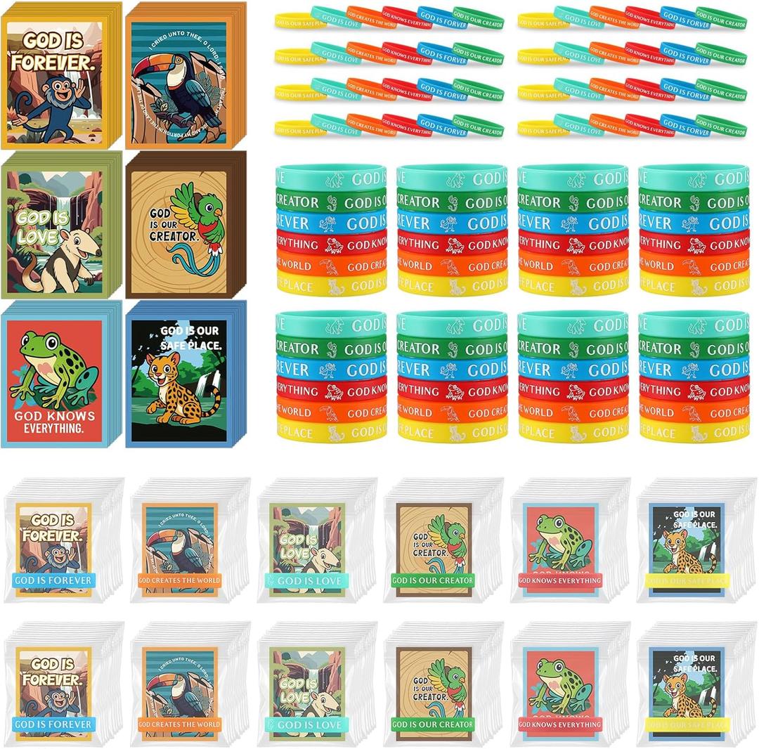 Ecally 36 Pcs VBS 2026 Silicone Wristbands with Rainforest Falls Animal Cards Christian Rubber Bracelets Set Religious Party Gifts Bulk for Christian Missionaries Sunday School Church Group Supplies