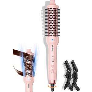 Thermal Brush for Blowout Look, 1.5 Inch Heated Round Brush with 2× Negative Ions Release for Less Frizzy, Dual Voltage Heated Curling Brush for Travel, Airflow Heat & Dual PTC Technology, Pink