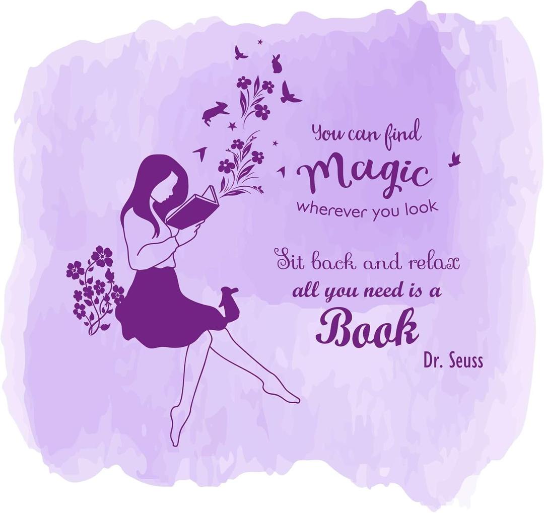 Children All You Need is A Book Happiness Quote Wall Decal Decoration Book Lover Silhouette Woman Happy Reading Flowers Butterfly Lasts Years and Easily Removable - Size: 30 in(W) x 27 in(H)