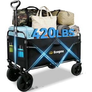Wagons Carts Foldable, Collapsible Wagon with All-Terrain Wheels 420lbs Weight Capacity Heavy Duty Utility Wagon with Drink Holders for Beach, Garden, Camping, Shopping Groceries, Sports