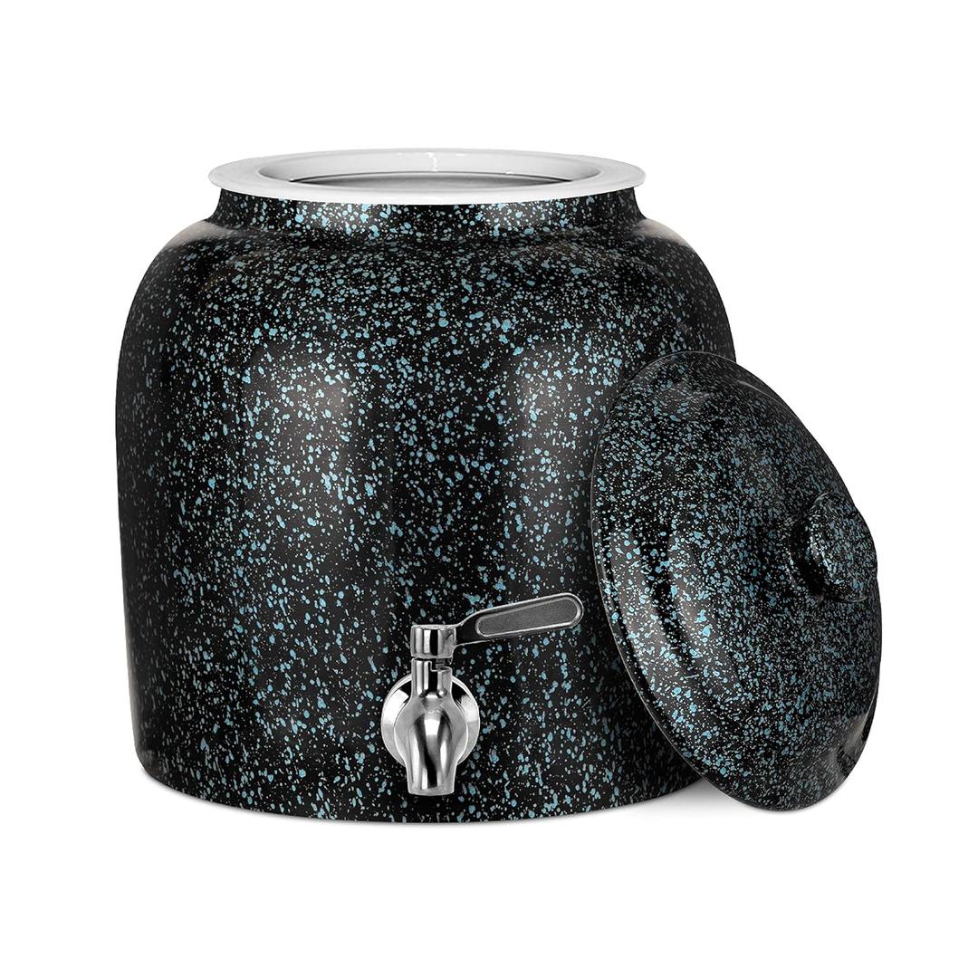 Geo Sports Bottles Porcelain Ceramic BPA Free and Crock Water Dispenser, Stainless Steel Faucet with Included Lid - Black with Blue Speckles