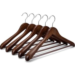 Suit Hangers 5 Pack,Wide Shoulder Wooden Hangers,Solid Wood Coat Hangers with Heavy Duty Retotating Hooks & Non Slip Pants Bar,Smooth Finish Clothes Hanger for Sweater, Pants, Jacket (Walnut)