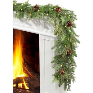JOJOLEE 72inch Pre-Lit Christmas Garland with Timer Lights, Battery Operated Mixed PE Pine Greenery Garland with Natural Pine Cones, Realistic Evergreen Holiday Mantle Fireplace Stair Doorway Décor
