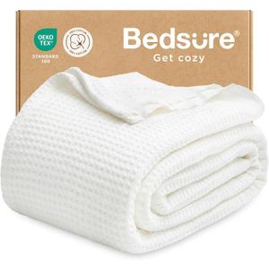 Bedsure Gentlesoft 100% Cotton Blanket Twin XL Size for College Dorm - Cooling Breathable and Soft for Spring Summer, Waffle Weave Twin Blanket for Bed, Dorm Room Essentials, White, 66x90 inches