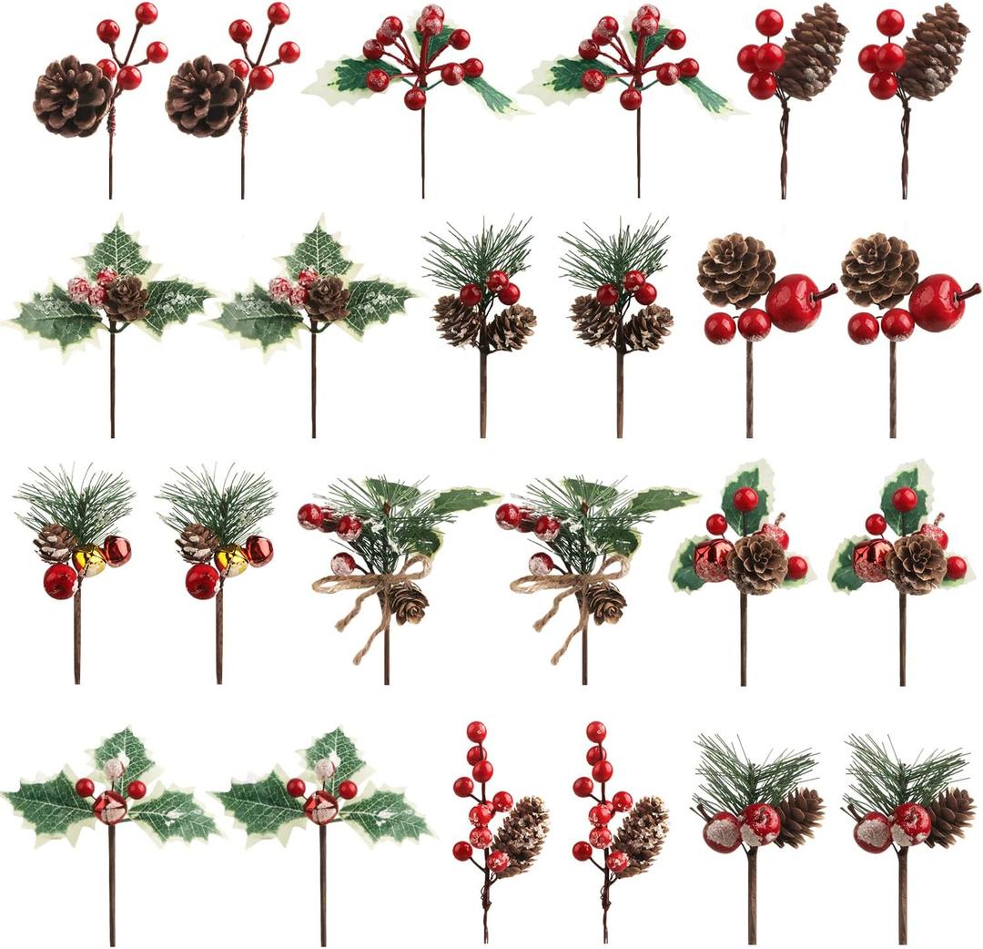 Songjum Artificial Christmas Pine Picks Christmas Berries Artificial Stem with Pinecones Apples Bells Christmas Flower Picks for Christmas Tree Wreath Arrangement Winter Holiday Decor (Green)