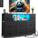 WLIVE Black Dresser TV Stand for 45, 50, 55 inch TV, Entertainment Center with LED Lights & Charging Station, Chest of Drawers with 8 Fabric Drawers and Open Shelves for Living Room, Hallway, Wood Top